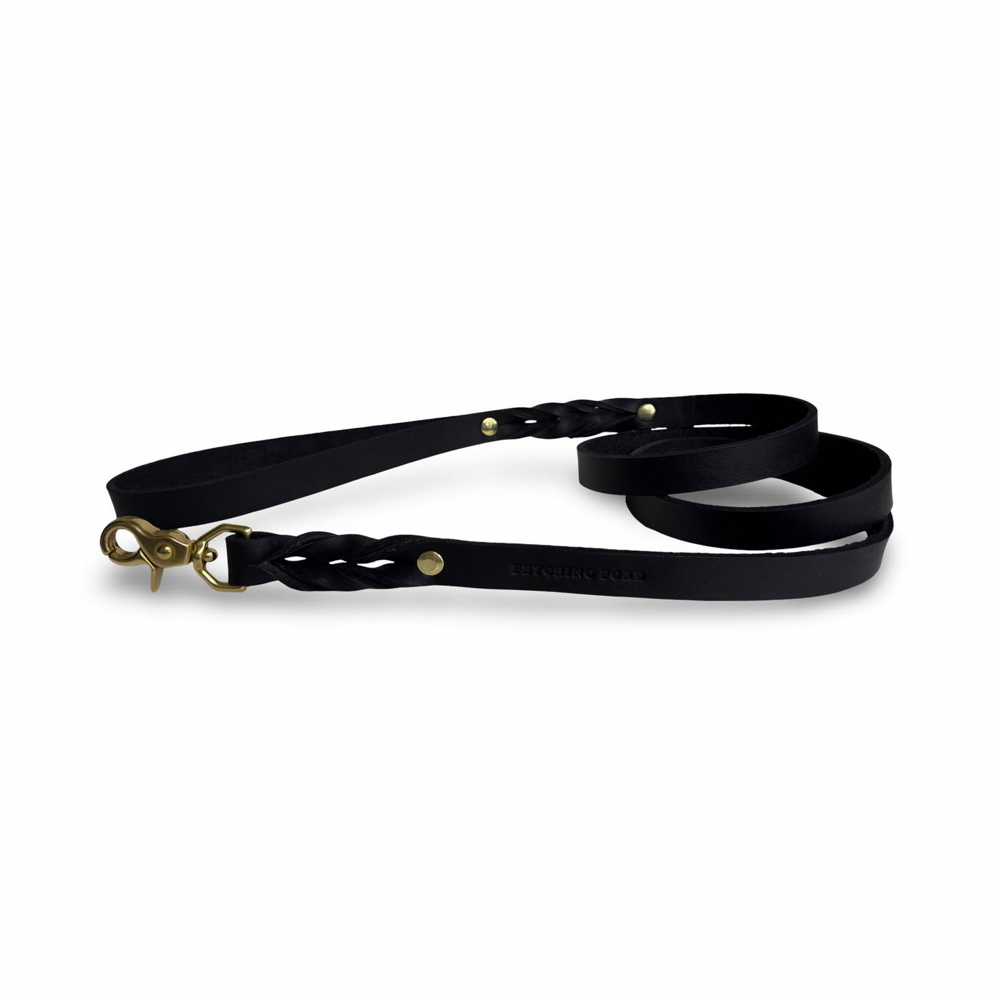 Black dog leash with gold clasp on a white background