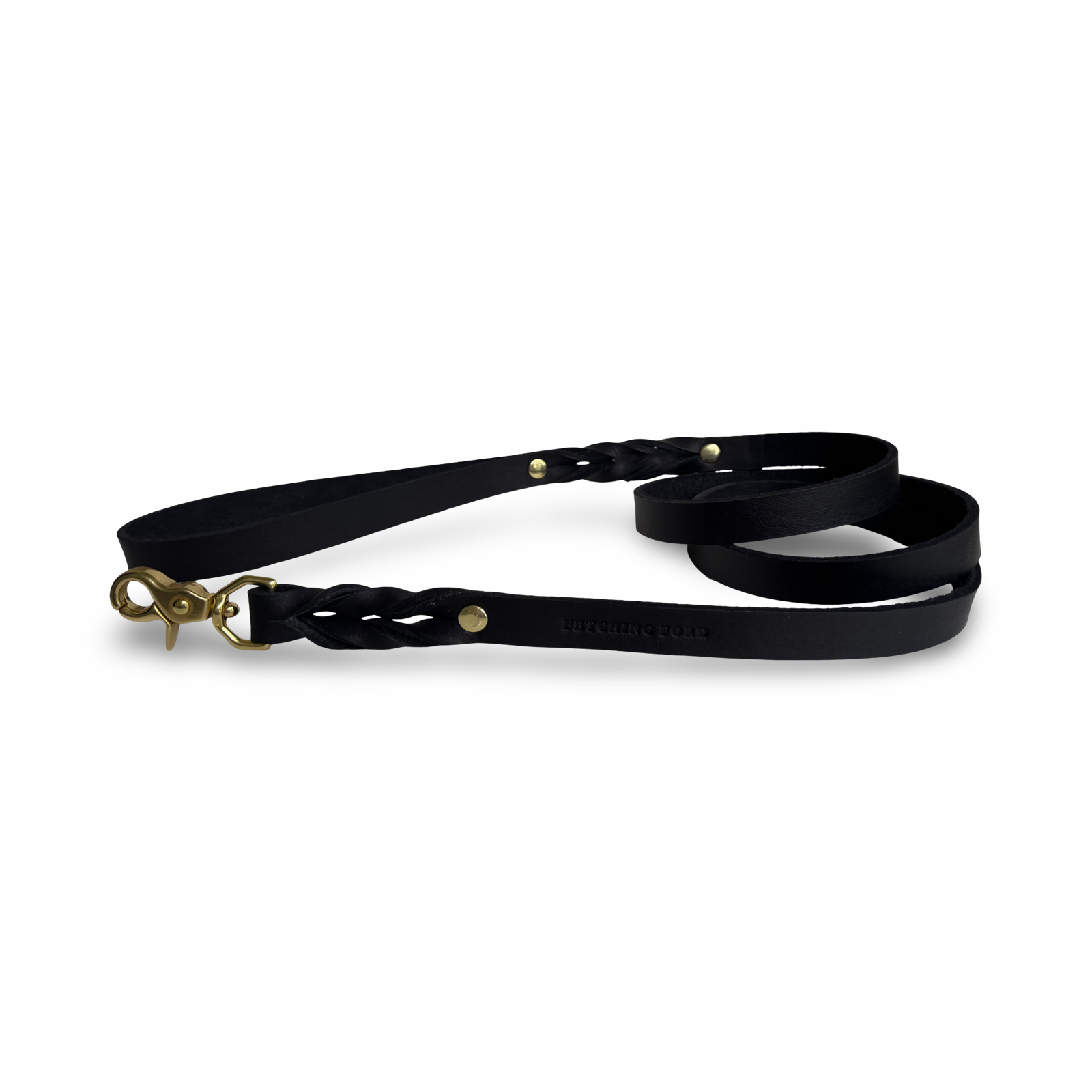 Black dog leash with gold clasp on a white background